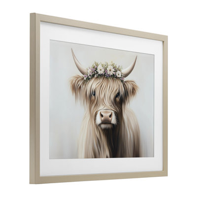Shaggy Cattle Floral Crown Framed Print Under Glass, design by Shawna Stewart