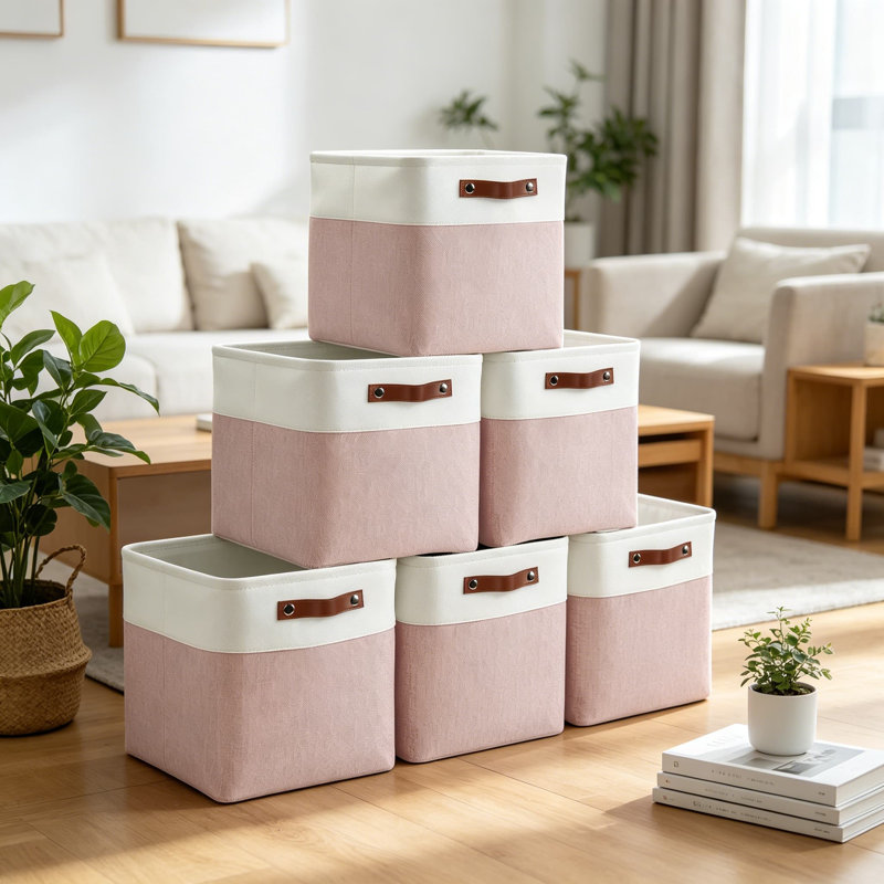 Paniers de rangement cubiques, paquet de 6, bacs de rangement en tissu 11 po x 11 po avec poignées en cuir pour tablettes, placards et rangement