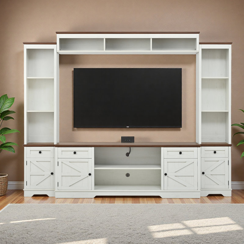 98.8" W Wall Unit Entertainment Center With Bookshelves For Tvs Up To 80", Modern TV Stand Media Console With Cabinets And Adjustable Shelves For Living Room
