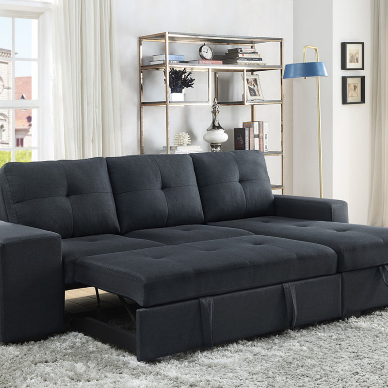 Linen Sleeper Sectional Sofa With Reversible Storage Chaise