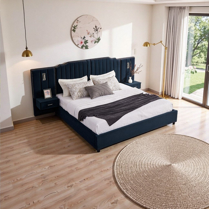Très grand lit plateforme tapissier avec tables de chevet intégrées et lampes réglables, Bleu
