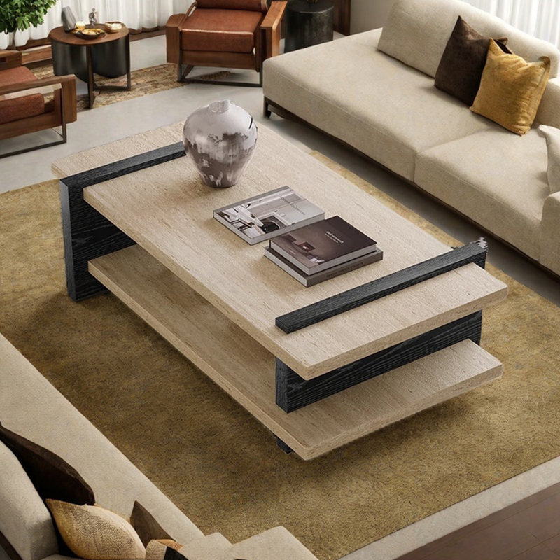 Table basse en travertin Wabi-sabi, H 14,56 po x L 43,3 po x l 23,62 po, Noir