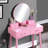 Pink Vanity And Seat - Contemporary Design With Round Mirror Cushion Wood Stool Tapered Legs-277366718