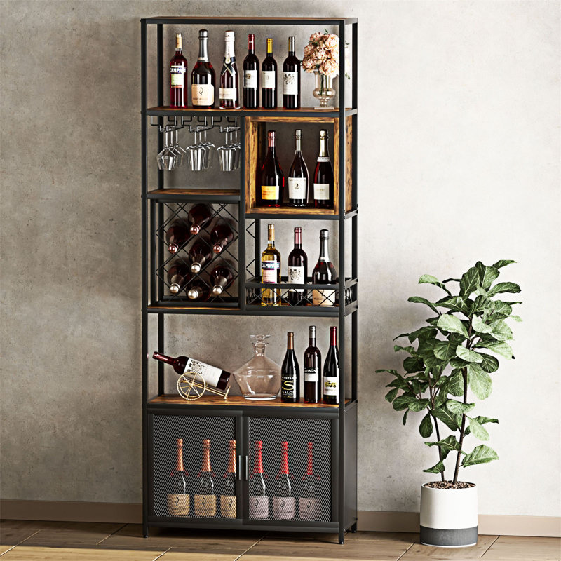 Armoire-bar industrielle avec porte-bouteilles en bois