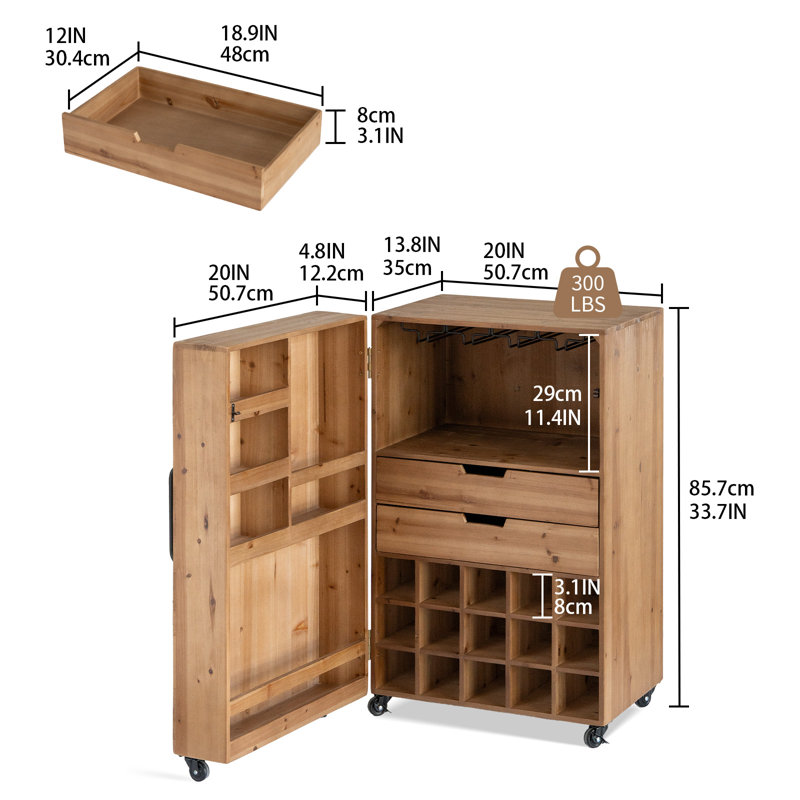 Wood Mobile Wine Cabinet with Drawers, Rolling Bar Cart with Glass Rack & 15-Bottle Wine Storage