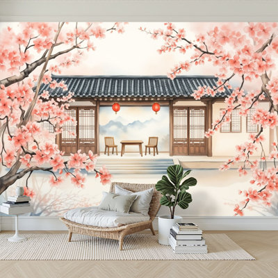 Papier peint adhésif auto-adhésif pour la chambre à coucher, cour traditionnelle chinoise L 144 po x l 100 po Peel and Stick