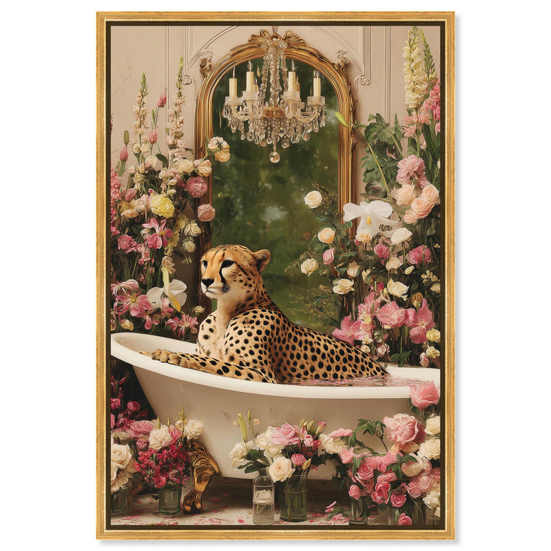 "Cheetah in Spring Bathroom", impression sur toile par Art Remedy, cadre doré, 24 x 36, Cadre doré, H 37 po x l 25 po