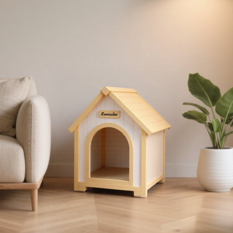 Maison pour animaux en cèdre massif FSC - Abri intérieur de style chalet jaune crème pour petits chiens et chats