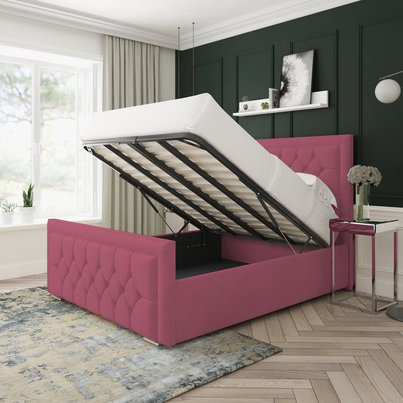 Maple Plush Velvet Upholstered Ottoman Bed Frame, Maroon, Small Double (4')