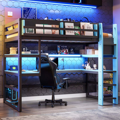Lit mezzanine simple en bois avec bureau, rangement latéral, tablettes à plusieurs niveaux et bande lumineuse RVB, bleu nuage