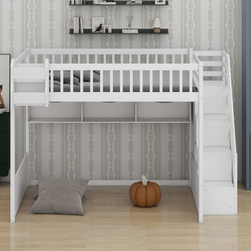 Wooden Loft Bed With Staircase And Wardrobe, White