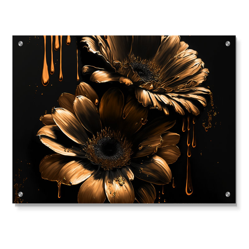 «Black and Gold Daisy III» - Art mural acrylique marguerite, H 12 po x l 20 po