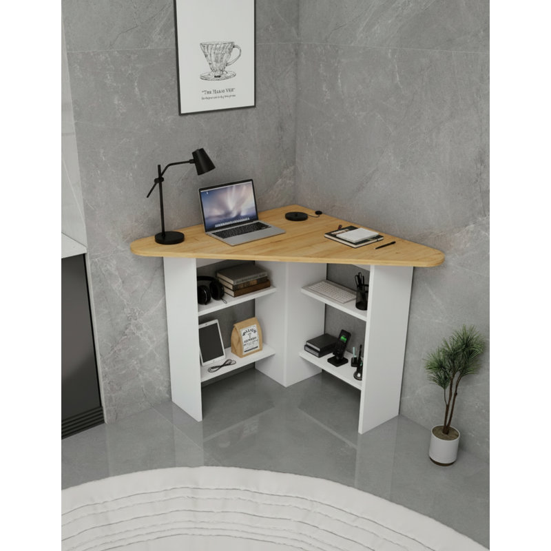 Corner Computer Desk with Shelves, Sapphire Oak/White