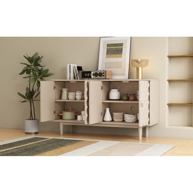 Buffet moderne à 4 portes avec portes à motif convexe et 2 poignées, Amande