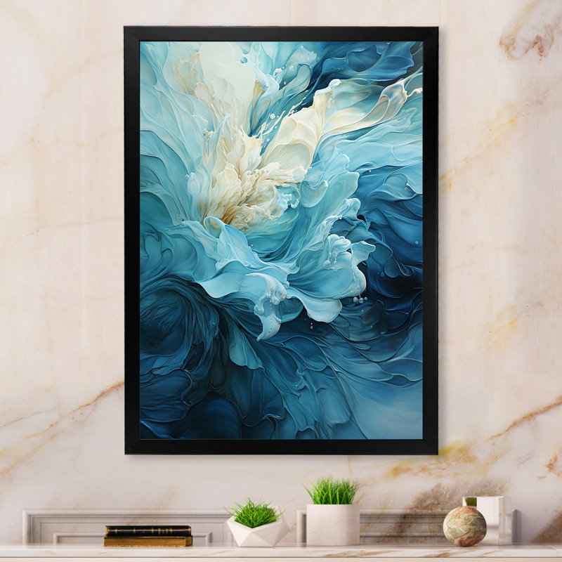 Aqua Blue and White Abstract Canvas Print with Black Frame