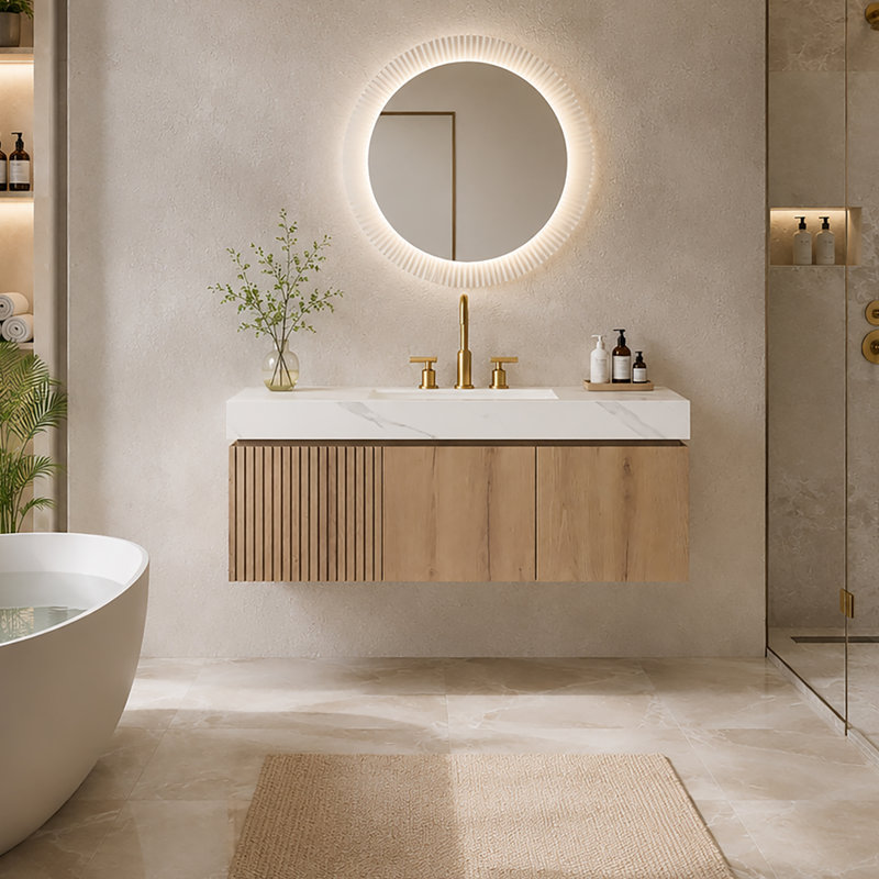 Ensemble de meuble-lavabo flottant moderne avec lavabo 48 po Alba, Chêne clair, Blanc de Carrare