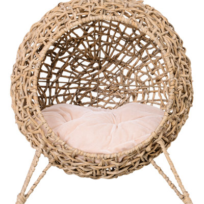 20.5" Woven Cat Basket Bed, Elevated With Beige Cushion Hand-Woven Pet Bed For A Tranquil Feline