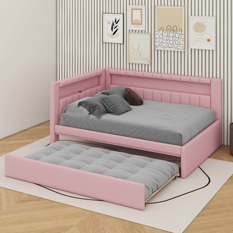 Full Size Platform Bed With USB Ports And Trundle, Pink