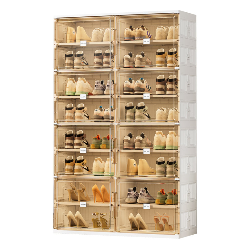  8 Tiers Foldable Shoe Rack Organizer Cabinet For Closet Entryway, Large Collapsible Shoe Storage Box With Magnetic Doors Fits Up To 32 Pairs