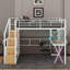 Lit mezzanine double en métal avec poste de travail, garde-robe, escalier de rangement et DEL