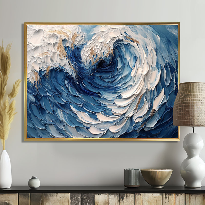 «Deep Blue Waves Wildness» - art mural vagues côtières, Cadre flottant doré, H 34 po x l 44 po