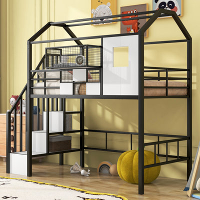 Lit mezzanine en métal avec toit et boîte de rangement, simple