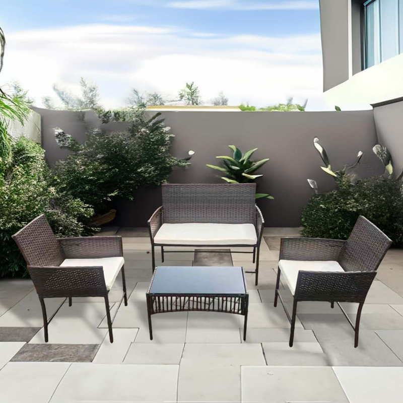 4-piece Garden Sofa Set, Table & Chairs, Wicker Outdoor Rattan Patio Furniture, Black