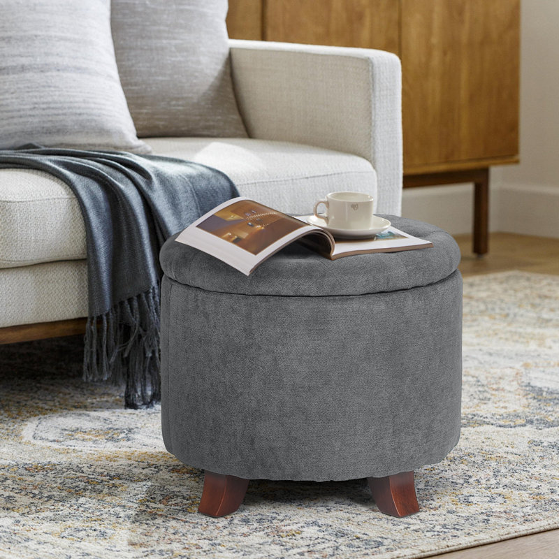 Storage Ottoman With Padded Seat, Modern Cotton-Linen Footrest, Round Stool For Living Room Bedroom, Lava Gray