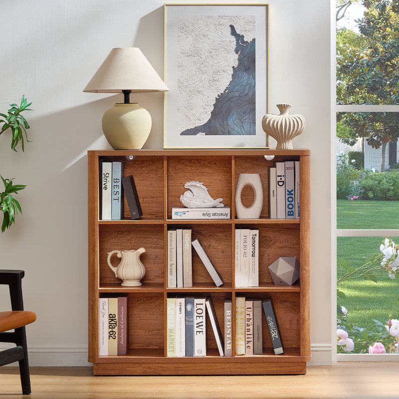 9 Cube Storage Book Shelf, 41" Tall Organizer Bookcase With Curved Edge, Wood Floor Standing 3-Tier Cubby Bookshelf With Base, Vintage Display Book Case For Bedroom, Office