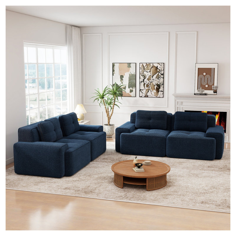 Ensemble de canapé modulaire en velours côtelé 4 pièces bleu - deux sections à siège double avec configuration flexible, Blue
