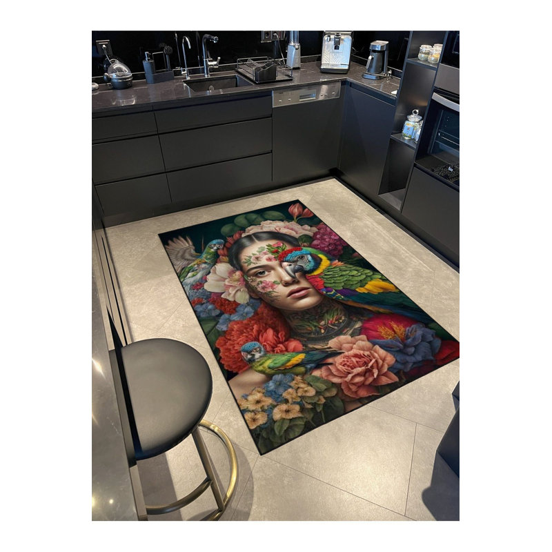 Tapis décoratif multicolore à motif d'oiseau et de femme, Rectangle 4 pi 7 po x 6 pi 7 po