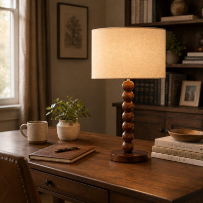 Lampe de table effilée en bois de noyer massif 17,5 "avec abat-jour tambour en lin, lampe de chevet moderne avec base E26 pour chambre à coucher, salon