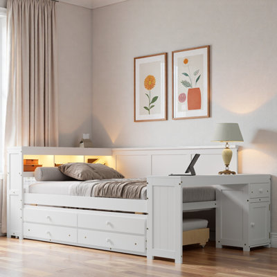 Modern Daybed With Storage Shelves, Drawers, Trundle, Charging Station, Led Light, Desk And Cabinet