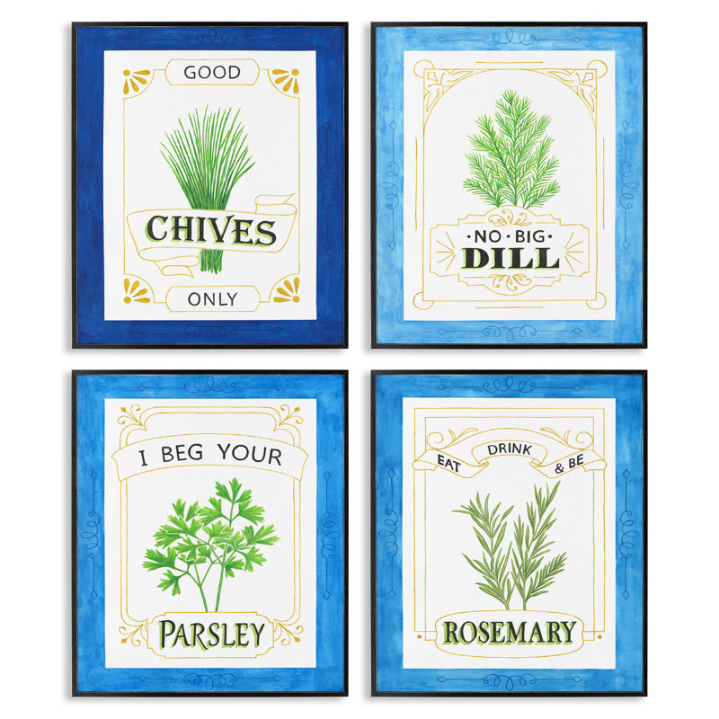 Ensemble de giclées encadrées 4 pièces Kitchen Herb Puns, design par Lara Beeston, H 14 po x l 11 po