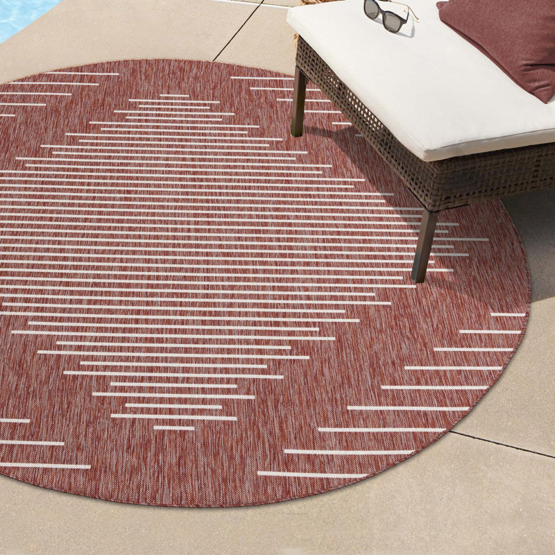 Striped Machine Woven Polypropylene Indoor / Outdoor Area Rug in Light Red, Round 13'1"