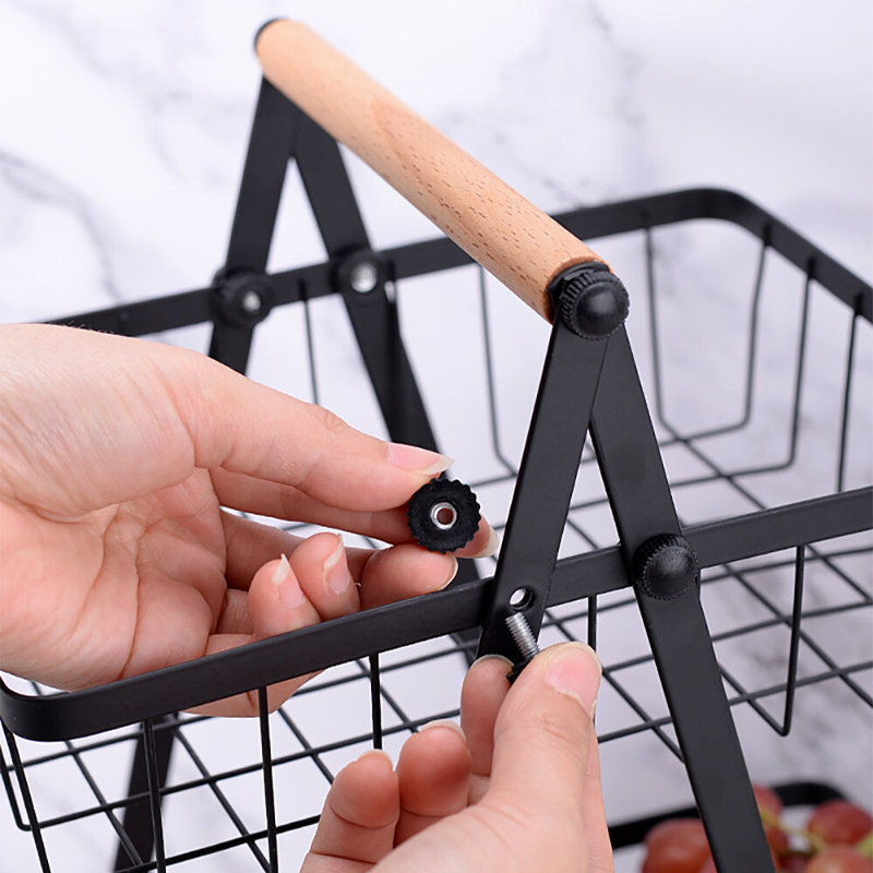 Rangement de cuisine portatif à 2 niveaux pour panier de fruits + panier en métal amovible, Black