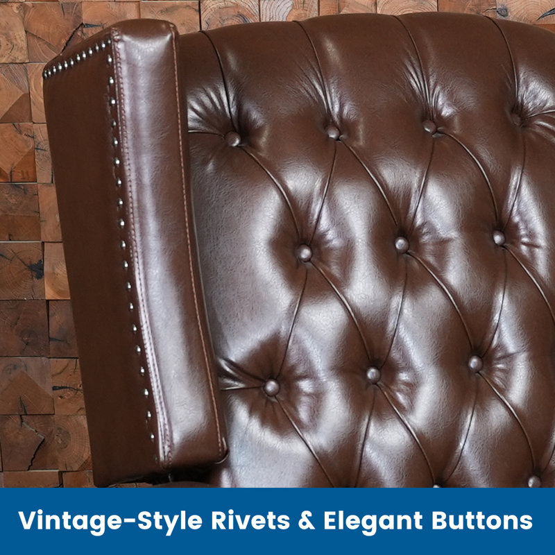 Brown Faux Leather Tufted Recliner with Wood Legs