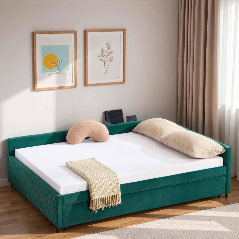 Upholstered Daybed With Trundle And Usb, Emerald