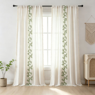 Rideaux en lin Boho, ensemble de 2 panneaux brodés vert bifacial, drapés semi-diaphanes avec passe-tringle et passe-tringle