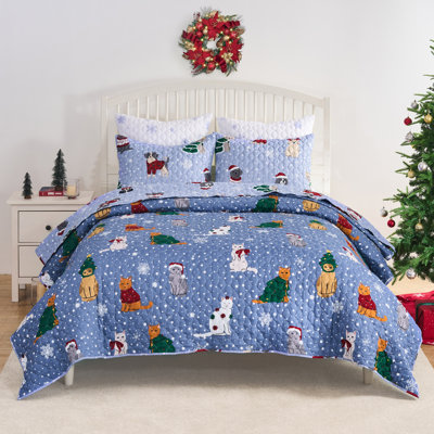 Greenland Home Fashions Winter Whiskers Blue 2-Piece Twin Size Quilt Set 68x88 + 20x26