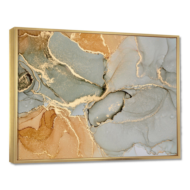 «Brown Luxury Abstract Fluid IV», peinture sur toile, H 12 po x l 20 po, Reproduction avec cadre flottant, Doré