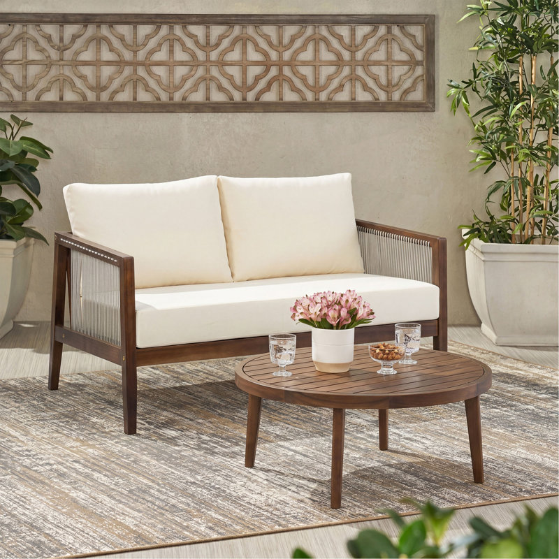 Ensemble de causeuse et de table d'extérieur, structure en bois d'acacia avec détails en corde, coussins beiges hydrofuges pour patio / cour arrière / terrasse