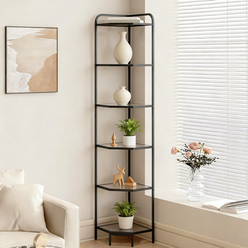 6-Tier Corner Shelf With Tempered Glass, Modern Space-Saving Storage Organizer For Living Room, Bathroom, Kitchen And Office