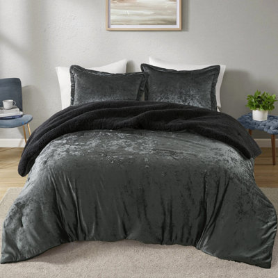 3 Pcs Full/queen Crushed Velvet Reversible Comforter , Charcoal, Soft Filling, And - Machine Washable In With For Skin