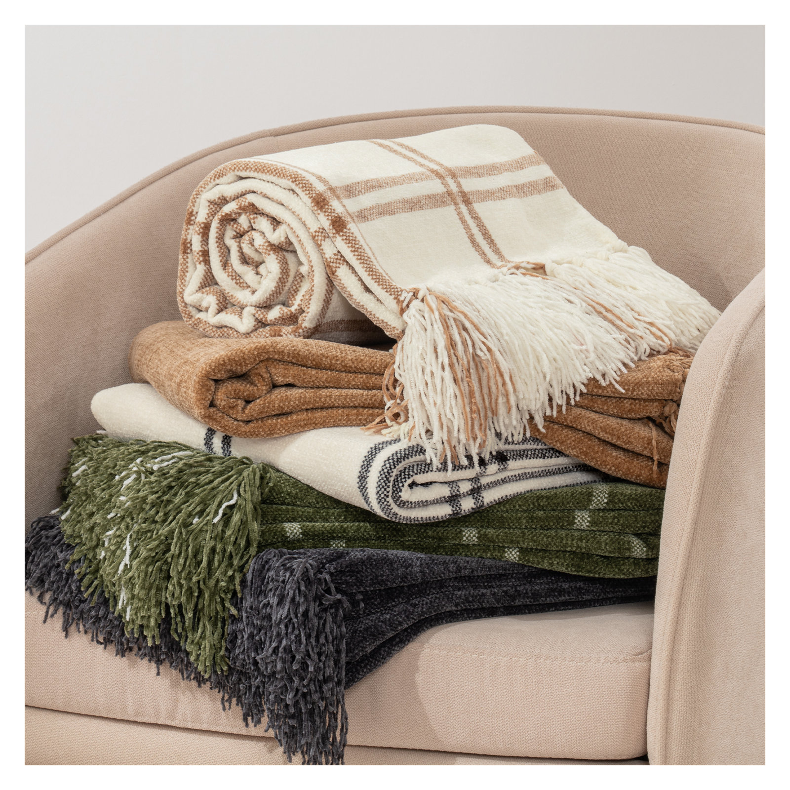 Soft Chenille Throw Blanket, 60" L x 50" W, Cream/Beige Plaid