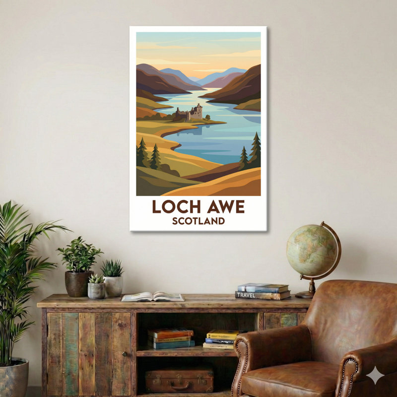 Loch Awe, Scotland - Highland Romance Travel Poster featuring Kilchurn Castle and Serene Loch. Giclee Print on Wrapped Canvas. Wall Art, Home Decor - Natural Landmarks, Scotland 1 Piece Wrapped Canvas Wall Art