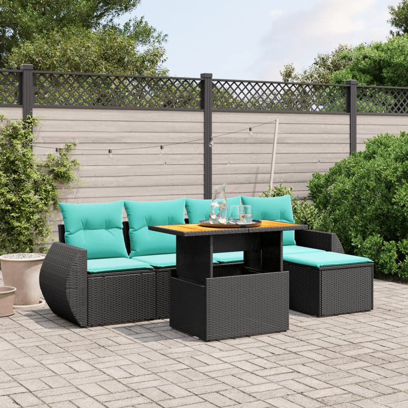  Ensemble de canapé de patio 6 pièces avec coussins en rotin de polyester, Vert, Noir