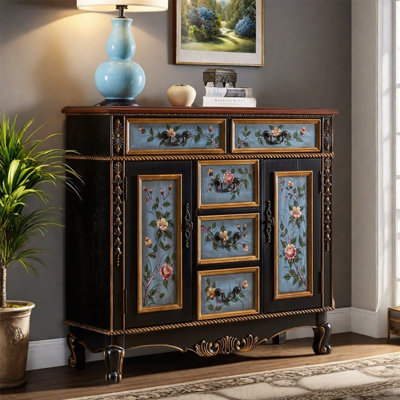 Vintage Art Hand-Painted Carved Accent Cabinet
