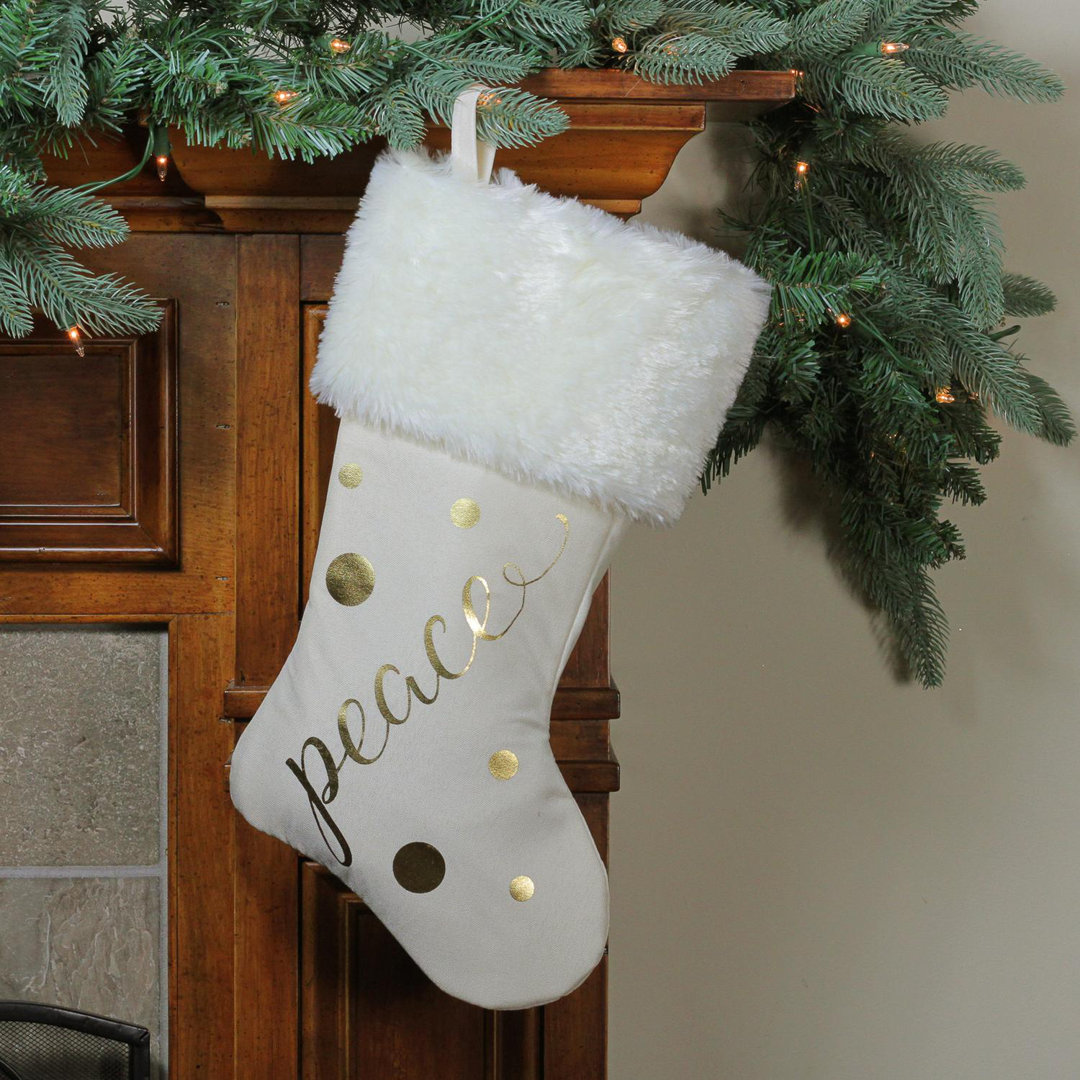 19" Ivory White Gold Foil "Peace" Christmas Stocking with White Faux Fur Cuff Northlight Seasonal