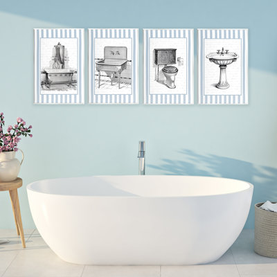 Ensemble de 4 plaques murales antiques à rayures bleues pour salle de bain, design par lettré et doublé